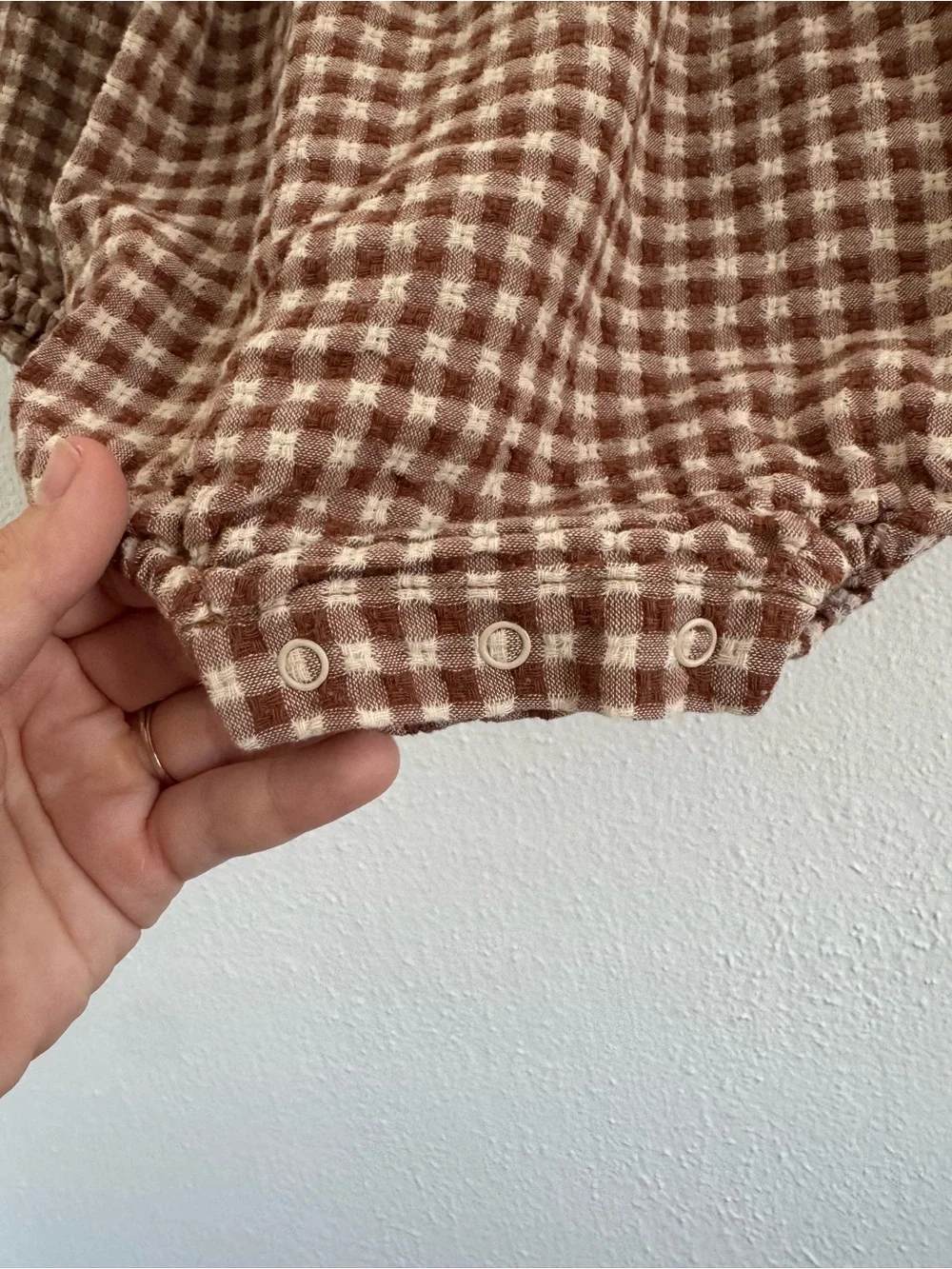 Rylee & Cru Gingham Ruffle Baby Romper in Brown and Cream